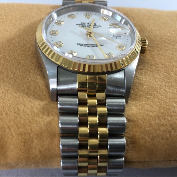 Men’s Rolex Oyster Watch with 10 Diamonds & White Face, Date, 18K Gold + Steel - Picture 7 of 16